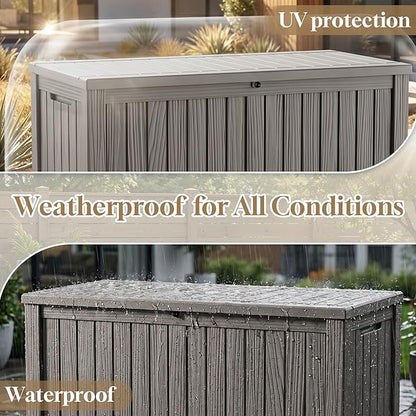 ROJIK 150 Gallon Outdoor Storage Box Waterproof,Weatherproof Deck Boxes Outdoor Lockable,Resin Outside Storage Box for Garden Tools,Cushions,Pool Accessories(Grey,150 Gal)
