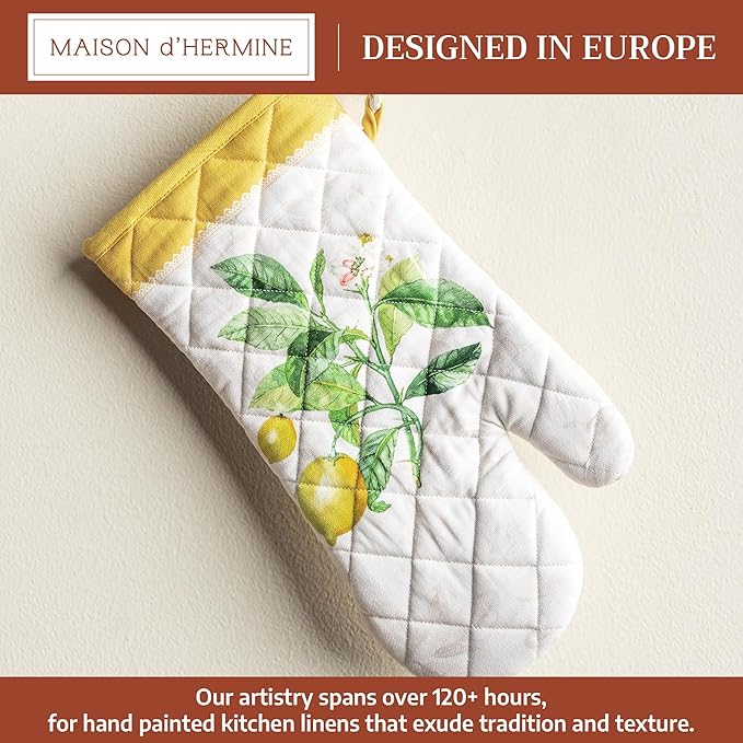 Maison d'Hermine Oven Gloves 100% Cotton Oven Mitt 7" x 13" with Loop Heat Resistant BBQ Cooking Gloves Baking Grilling Kitchen Hotel Home Farmhouse Spring Summer (Pack of 1, Limoncello)