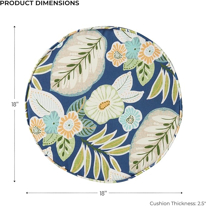 Set of 2 Outdoor 18 inch Round Patio Dining Chair Pads – Comfortable Fiber-Filled Seat Cushions with Ties, Reversible Polyester Fabric - Marlow Blue Floral