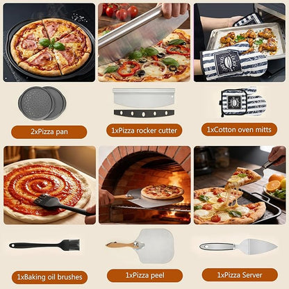 Pizza Peel Pizza Pan Set, 7Pcs Pizza Oven Accessories, 12 Inch Metal Paddle (12"x 14") with Foldable Wooden Handle, 2 Pizza Pans, Rocker Cutter, Pizza Server, Oven Mitts, Oil Brush