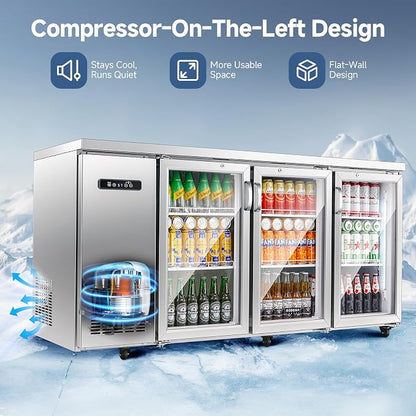 BODEGA BODEGACOOLER 20.5 Cu.Ft Commercial Back Bar Refrigerator, 3 Glass Door Beverage Cooler, Display Drink Fridge with LED & 6 Casters for Beer, Soda, Wine, SUS304 Stainless Steel Top