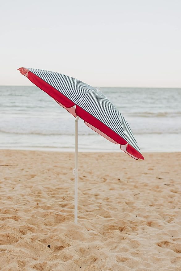 PICNIC TIME 5.5 Ft Portable Beach Umbrella, Lightweight UV Protection Sunshade with Tilt Pole & Carry Bag, Outdoor Canopy Umbrella for Beach, Sand, Pool, Patio, Camping, Travel, or Backyard Shade, (Blue Pinstripe Pattern)