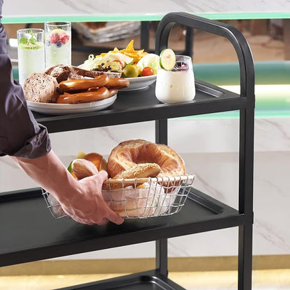 Black Stainless Steel Serving Cart, 3-Tier Rolling Utility Trolley (30"x16"x33"), Heavy Duty Painted Kitchen Cart on Wheels with Brakes, Commercial Grade for Restaurant, Hotel, Salon & Lab