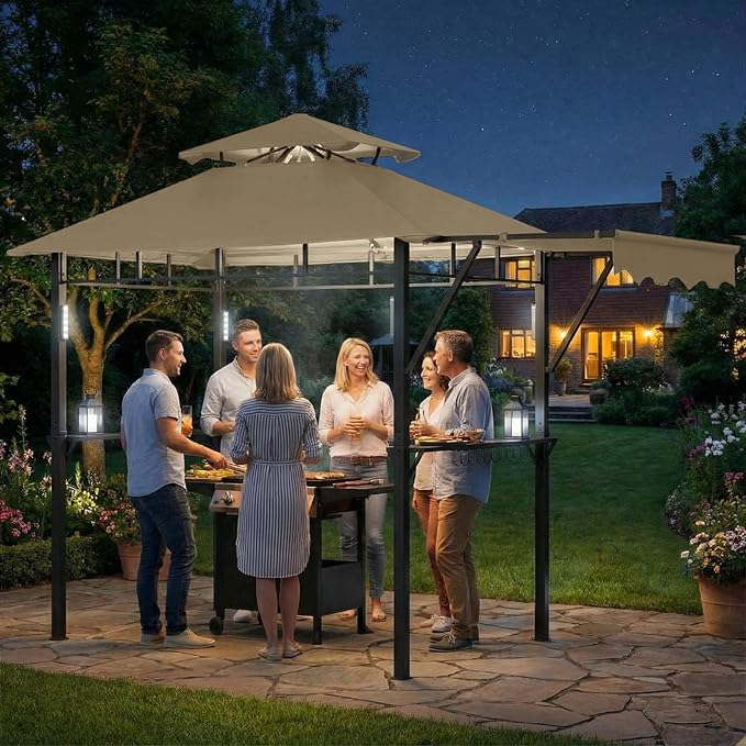 8x5 ft Grill Gazebo, Double Tired Outdoor Patio Canopy Tent with Side Awning Shelves,4 LED Lights,10 Hooks & Bottle Opener,Heavy Duty Steel Frame Grilling Canopy for Patio Backyard Garden Picnic,Khaki
