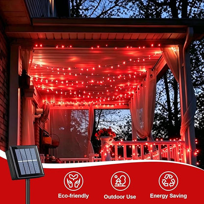 QITONG Red Solar String Lights, 2 Pack Each 66ft 200 LED Christmas Lights Outdoor Waterproof, 8 Modes Green Wire Twinkle Lights for Outside