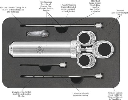 GRILL SERGEANT Professional Meat Injector, Marinade Syringe Set, Forever Guarantee, Zippered Storage & Travel Case, 304 Stainless Steel, No Aluminum, 6 Needles, 2.5 oz Capacity, 4 Cleaning Brushes