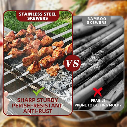 14" Metal Skewers for Grilling, Stainless Steel Flat Kabob Skewers | Reusable BBQ Skewers for Kebab Barbecue Grill, Heavy Duty Skewer Sticks for Outdoor Camping Kitchen Cooking gift package