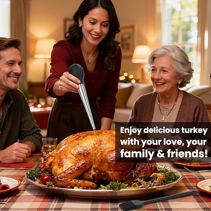 SCHVUBENR Large Turkey Baster Set - Stainless Steel Baster Tool for Cooking - Includes Basting Brush, Cleaning Brush & Injector Needles - Heavy Duty Baster Syringe - Thanksgiving, Christmas Essentials