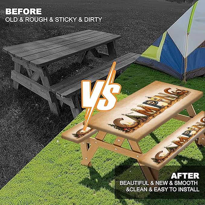 3PCS Vintage Camping Picnic Table Cover with Bench Covers & Storage Bag, 30x60 Inch Rustic Retro Camping Themed Waterproof Fitted Outdoor Patio Tablecloth with Elastic Edges for Campsite RV Backyard
