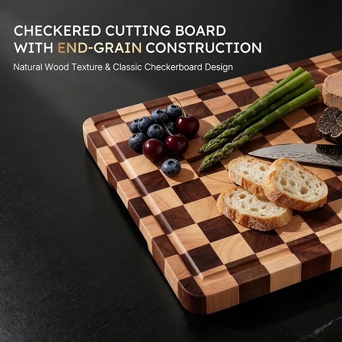 Cutting Boards for Kitchen Checkered Cutting Board 24in Acacia Wood Charcuterie Board Serving Heavy Duty Non Toxic Slip Over Sink Butcher Block Wood Chopping Board with Juice Grooves Handles