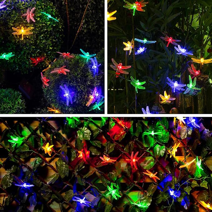 JMEXSUSS Solar String Lights Outdoor, 25.6FT 30 LED, Dragonfly | Outdoor Waterproof, 8 Modes, Multicolor Solar Christmas Lights for Garden Patio Yard Tree Party Christmas Decorations