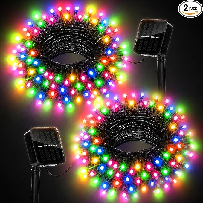 Solar Christmas Lights Outdoor Waterproof Solar Powered String Lights for Christmas Decorations, Total 100LED 45FT for Yard Pathway Garden Fence, 8 Modes 50LED x 2 Packs, Colorful