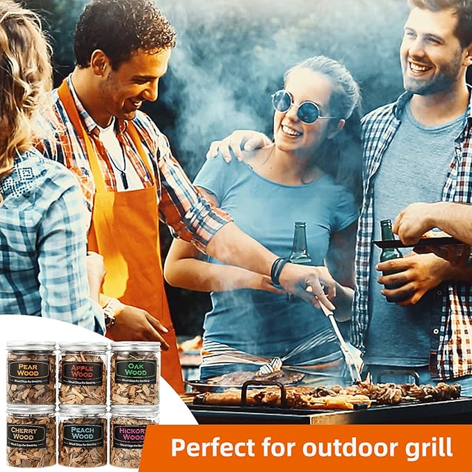 6Pack Natural Wood Chips for Smoker Grill and Smoking Gun, Oak, Pecan, Apple, Pear, Cherry and Peach About 80g Each, Smoker Woodchips for BBQ Smoking Beef Pork Chicken Fish and Whisk