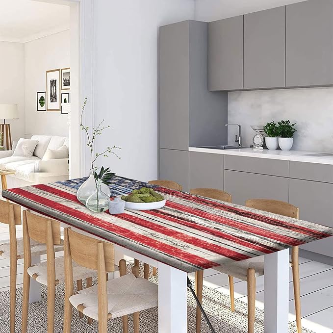 American Flag Picnic Fitted Tablecloth Benches Covers, 3 Pieces Set, Old Painted American Flag on Dark Wooden Fence Elastic Edged Table Cover, Great for Summer Spring Picnics Dinner Use, 72x28 In