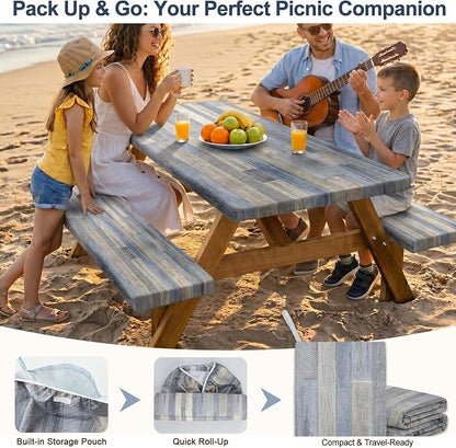 Picnic Table Cover with Bench Covers Windproof Waterproof Picnic Table Covers Camping Tablecloth with Self-Storage Bag, 72in, Grey