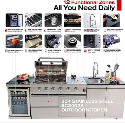Outdoor Kitchen Island 98.4 Inch, 72000 BTU Gas Grill Combination With Refrigerator and Sink, Outdoor Stainless Steel Barbecue Bar, Natural Gas Barbecue Grill for Patios, Gardens, Parties