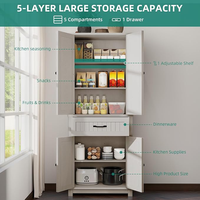 YITAHOME 72.6" Tall Farmhouse Pantry Cabinet, Storage Cupboard with 4 Barn Doors, 1 Drawer & Adjustable Shelves, Kitchen Cabinet for Dining Room, Living Room, White | Freestanding Storage Cupboard with 4 Barn Doors, Drawer & Adjustable Shelves, Kitchen...