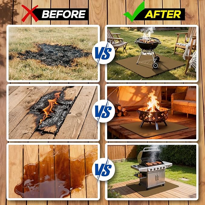 FLASLD Heavy-Duty Under Grill Mat 49inch Square Fire Pit Mat, Large Fireproof Waterproof Grill Pads Protect for Deck,Patio,Outdoor Charcoal,Smokers,Wood Floor,Indoor Brown Fireplace Reusable