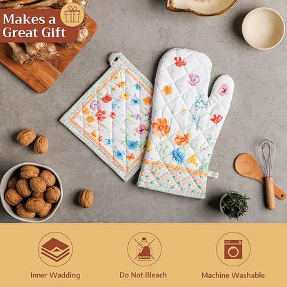 Maison d' Hermine 100% Cotton Oven Mitt & Pot Holder Set (7.5"x13" & 8"x8") Heat Resistant BBQ Cooking Gloves with Loop Baking Grilling Kitchen Hotel Home Farmhouse Spring Summer(Summer Whisper)