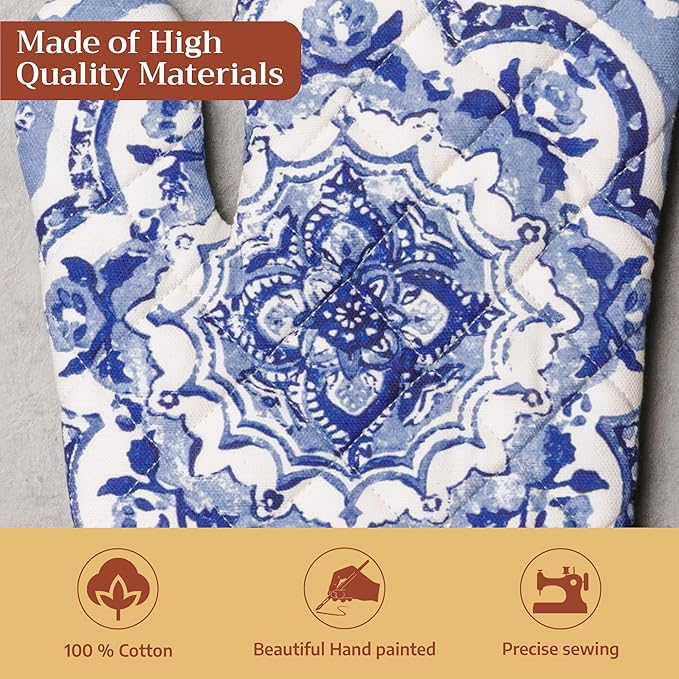 Maison d'Hermine Oven Gloves 100% Cotton Oven Mitt 7" x 13" with Loop Heat Resistant BBQ Cooking Gloves Baking Grilling Kitchen Hotel Home Farmhouse Spring Summer (Pack of 1, Melodie Bleue)