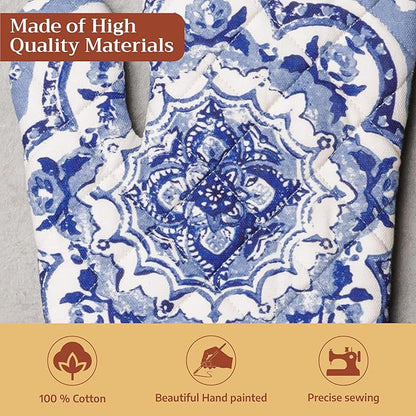 Maison d'Hermine Oven Gloves 100% Cotton Oven Mitt 7" x 13" with Loop Heat Resistant BBQ Cooking Gloves Baking Grilling Kitchen Hotel Home Farmhouse Spring Summer (Pack of 1, Melodie Bleue)