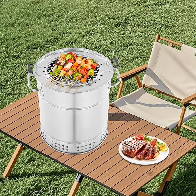 Portable Vertical BBQ Charcoal Grill Stainless Steel Surround Charcoal Barrel Shape Grill for Picnics Camping Traveling Barbecue Parties, with Skewers and Oil Drip Pan (28-skewer)