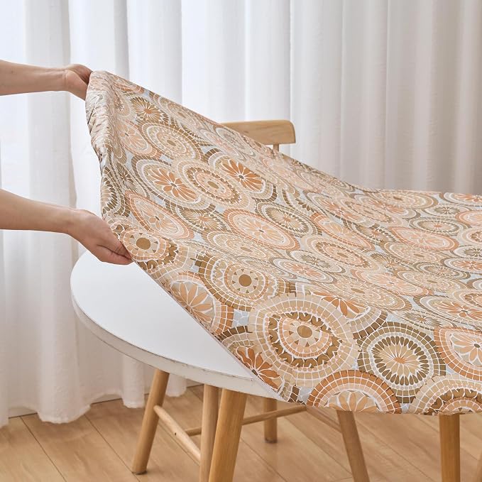 LIBERECOO Round Fitted Tablecloth with Elastic, Flannel Backed Vinyl Tablecloths for 40" - 44" Tables, Waterproof Wipeable Reusable Plastic Table Cloth for Indoor & Outdoor, Boho Sunburst Medallion