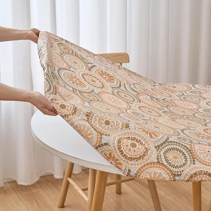 LIBERECOO Round Fitted Tablecloth with Elastic, Flannel Backed Vinyl Tablecloths for 45" - 56" Tables, Waterproof Wipeable Reusable Plastic Table Cloth for Indoor & Outdoor, Boho Sunburst Medallion