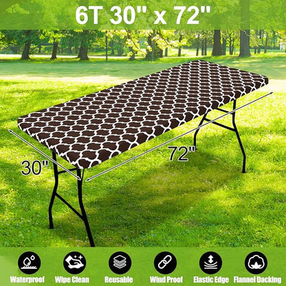 Smiry Picnic Fitted Table Cover, 6 Foot Flannel Backed Vinyl Tablecloth | Waterproof Elastic Stretch Table Cloth, Wipeable Plastic Tablecloth for Camping, Indoor & Outdoor (Coffee, 30" x 72")