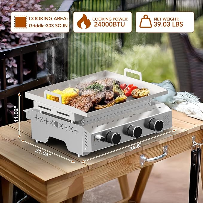 Electactic 3 Burner Tabletop Propane Gas Griddle,18 Inch Stainless Steel Detachable Propane Grill,24000 BTU Portable BBQ Griddle for Camping, Backyard or Outdoor Cooking