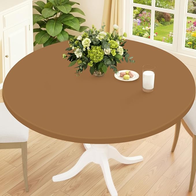 Smiry Round Spandex Tablecloth, Elastic Fitted Washable Tablecloths for 36"-44" Tables, Waterpoof Stretch Picnic Table Cover for Dining, Indoor and Outdoor, Brown