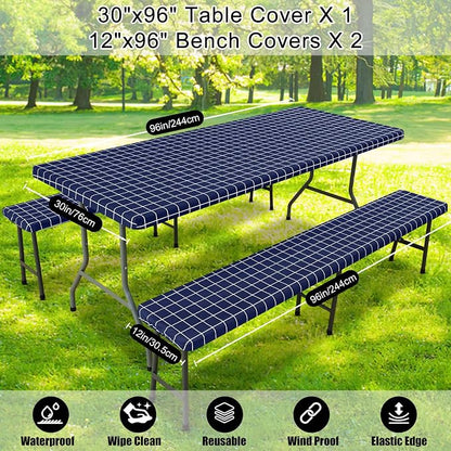 Smiry Picnic Table Cover with Bench Covers, Waterproof Elastic Fitted Tablecloth for 8 Foot Tables, Washable Polyester Tablecloths for Camping, Indoor & Outdoor (Navy & White, 30x96 Inch 3-pc Set)