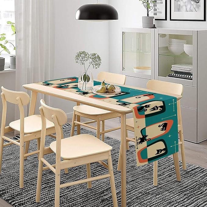 Mid Century Style Table Runner,Black Cat Modern Abstract Geometric Vintage Colorful Shape Pattern for Kitchen Coffee/Tea Table Dinner Room 13x60in