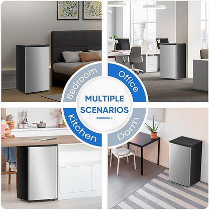NEWBULIG Mini Fridge with Freezer 3.2 Cu.Ft Small Refrigerator for Office, Dorm, Small Fridge with Adjustable Thermostat, Energy Saving, Singel Door, Sliver