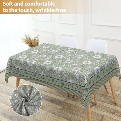 French Rectangular Tablecloth 60"x84" - Green Floral Waterproof Table Cloth for Dining, Kitchen, Outdoor and Picnic Party Decor