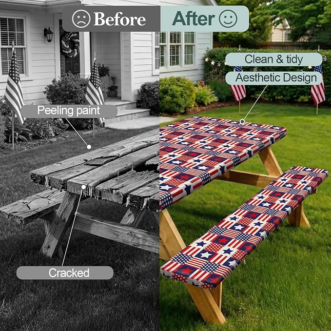 Picnic Table Cover Bench Covers Camping Essentials Tablecloth | Waterproof Vinyl for Outdoor, Windproof Elastic Fitted Edges, RV BBQ Accessories Must Haves, Storage Bag Included
