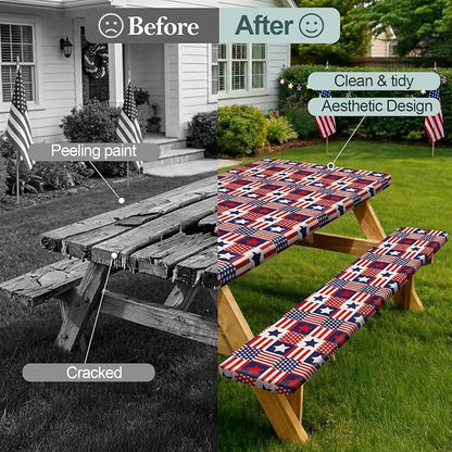 Picnic Table Cover Bench Covers Camping Essentials Tablecloth | Waterproof Vinyl for Outdoor, Windproof Elastic Fitted Edges, RV BBQ Accessories Must Haves, Storage Bag Included