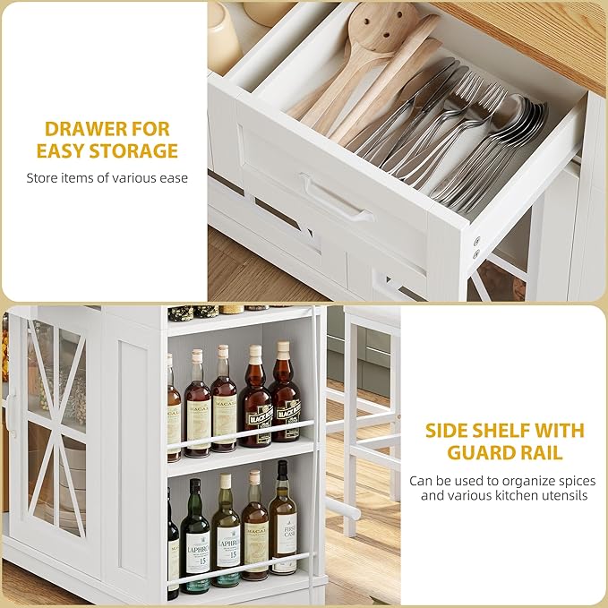 DWVO 3 PCS Kitchen Island with Drop Leaf, Mobile Storage Island with Seating, Rolling Dinning Table Set with 2 Bar Stools & Power Outlet, Bar Kitchen Cart on Wheels, Footrest & Spice Rack, White Oak