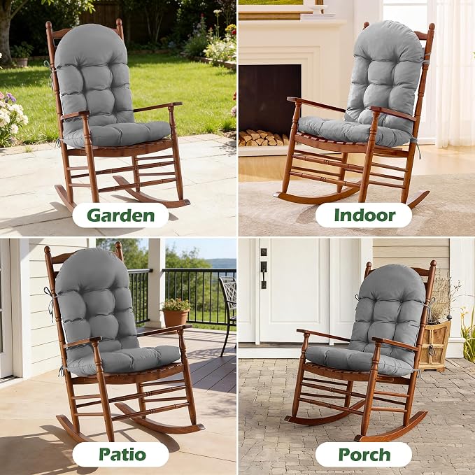 Rocking Chair Cushions, Indoor/Outdoor Adirondack Chair Cushion, Waterproof and Fade-Resistant Rocking Chairs Pads, Non-Slip Tufted High Back Patio Chairs Cushion with Ties, 44x19x4 Inch, Light Grey