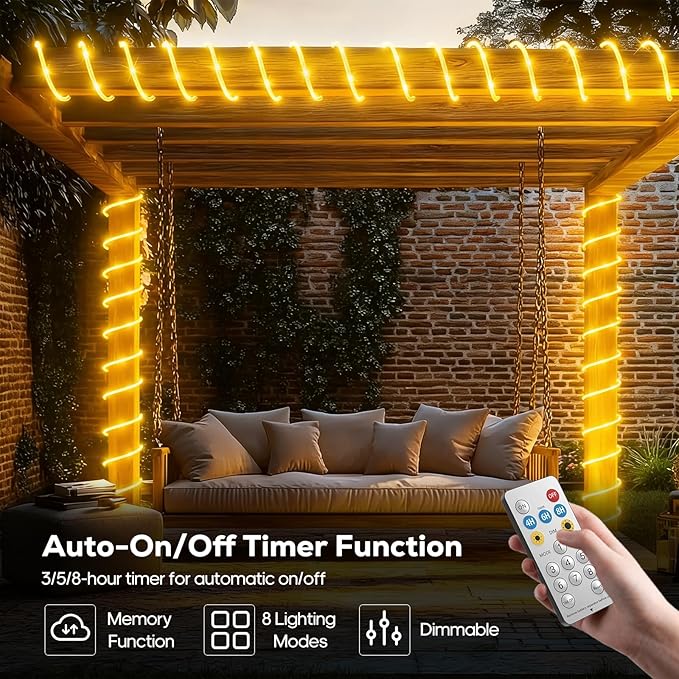 ICRGB Solar Rope Lights Outdoor, 66FT 200LED Christmas Fairy Light with Remote, IP67 Waterproof Solar String Lights, Timing & 8 Modes, Outdoor Light for Garden Patio Porch Pool, Warm White