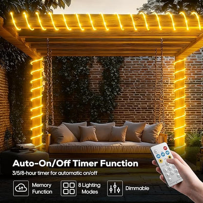 ICRGB Solar Rope Lights Outdoor, 66FT 200LED Christmas Fairy Light with Remote, IP67 Waterproof Solar String Lights, Timing & 8 Modes, Outdoor Light for Garden Patio Porch Pool, Warm White