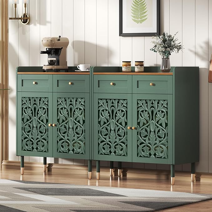 3More Sideboard Buffet Cabinet with Retro Carving Pattern,Kitchen Pantry Storage Cabinet with 1Drawer & 2 Doors，Coffee Bar for Living Room,Kitchen,Dining Room,Green