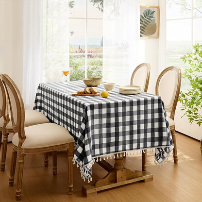 Softalker Checkered Tablecloth Rectangle, Outdoor Linen Cotton Gingham Table Cloth with Tassel, Heavy Duty Wrinkle Free Buffalo Plaid Table Cover for Kitchen Dining Summer Party - 55 x 120 Inch, Black