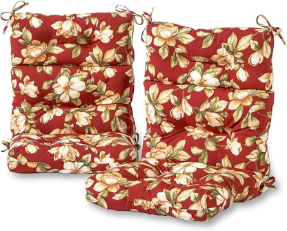 Outdoor Tufted High-Back Chair Cushions, One-Piece Hinged Seat and Back Design, Reversible with 4 Ties, Durable Polyester Fabric, Recycled Fiber Fill - Set of 2, Roma Floral