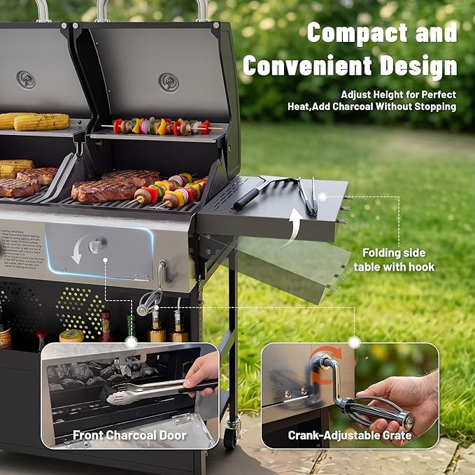Propane Gas Grill and Charcoal Grill Combo for Outdoor Cooking, 3 Burners, Porcelain-Enameled Cast Iron Grates, Foldable Side Shelves, Dual Fuel BBQ Grill for Patio, Backyard, Camping