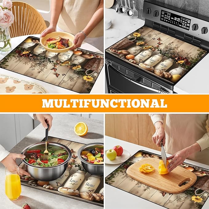 Multi-Design Stove Cover for Glass/Electric Stoves - 3-in-1 Heat-Resistant Protector Mat, Non-Slip Drying Rack 28"x20"