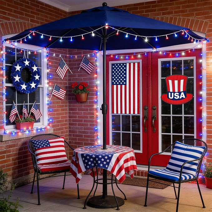 JMEXSUSS 33ft 100 LED Red White and Blue Lights Outdoor, Battery Operated | 4th of July Lights with Remote, 8 Modes Patriotic Decorations for Indoor Outside Independence Day American Flag Holiday