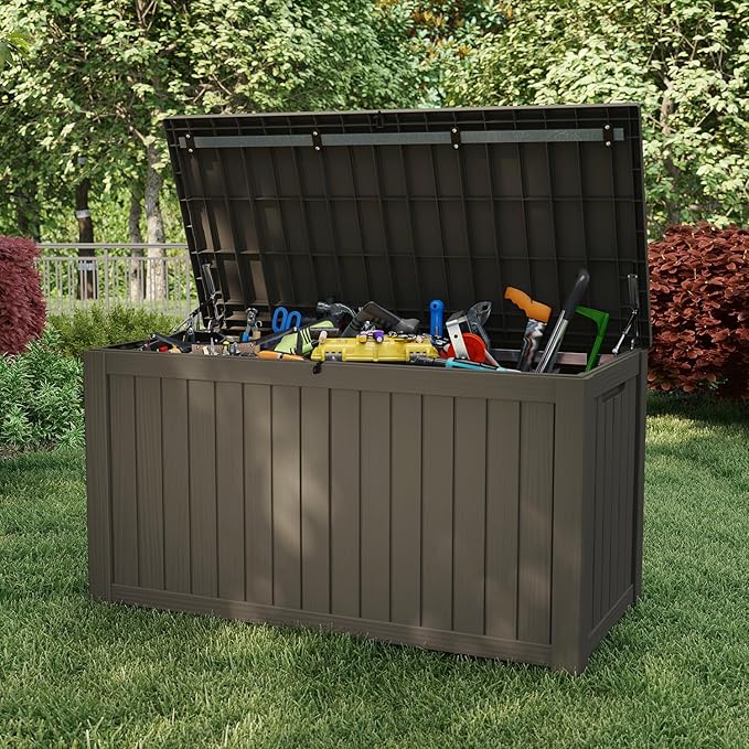 Pepe Tee Waterproof Resin Deck Box, Outdoor Storage Bin for Patio Furniture Cushions, All-Weather Garden Organizer & Seating Bench, Coffee