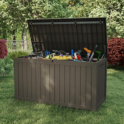 Pepe Tee Waterproof Resin Deck Box, Outdoor Storage Bin for Patio Furniture Cushions, All-Weather Garden Organizer & Seating Bench, Coffee