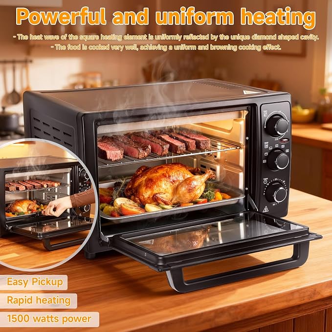 cdar Convection Toaster Oven 32L, 1500W Countertop Air Fryer & Rotisserie Combo, 6-in-1 Multifunctional Oven with 60-Min Timer, Bake, Roast, Toast, Dehydrate – Includes Baking Pan & Rotisserie Kit